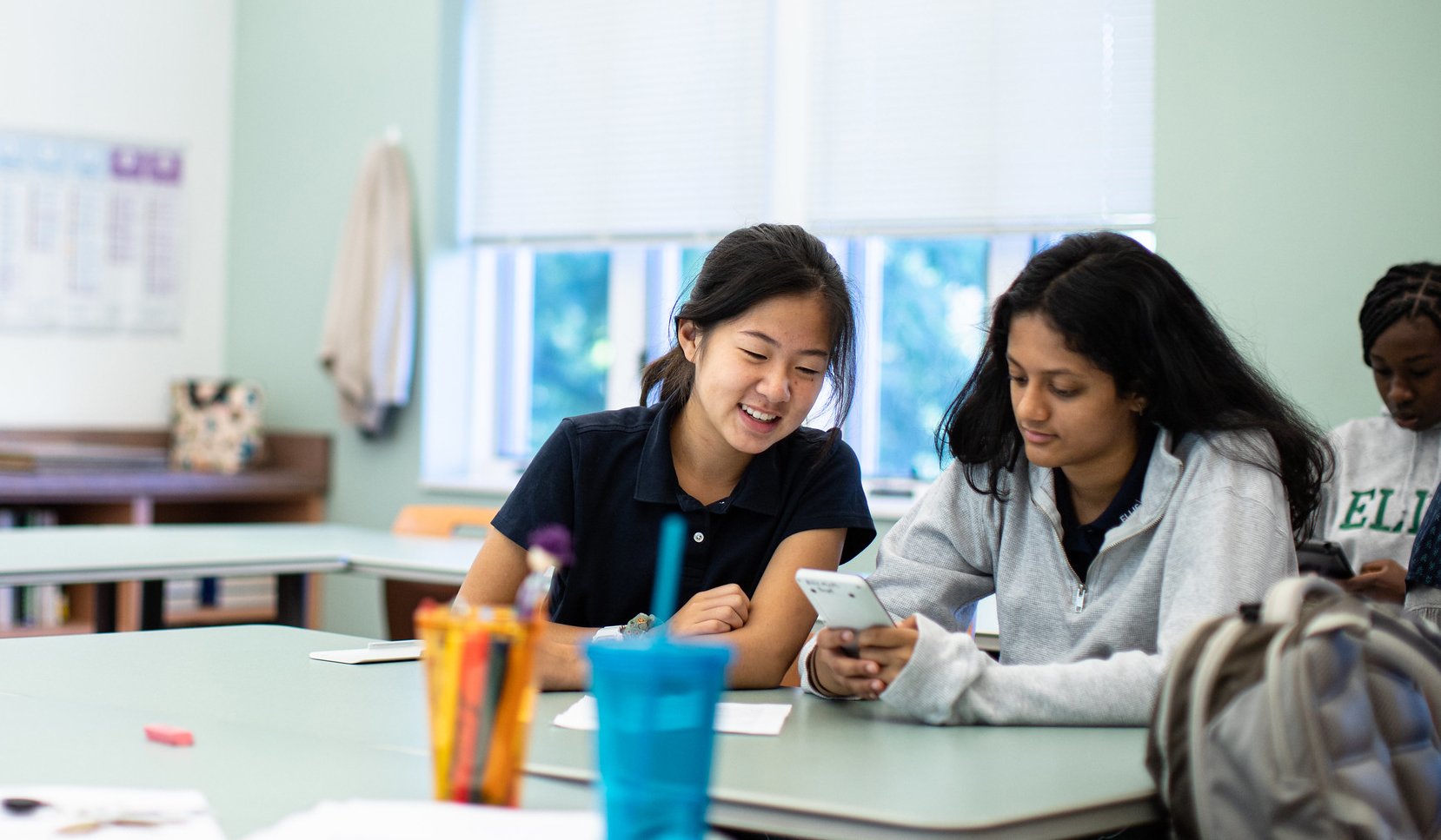 High school students at The Ellis School in Pittsburgh use their calculators in math class.