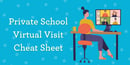 A woman sits at a desk during a private school virtual visit. She's using the Virtual Visit Cheat Sheet to stay on track. 